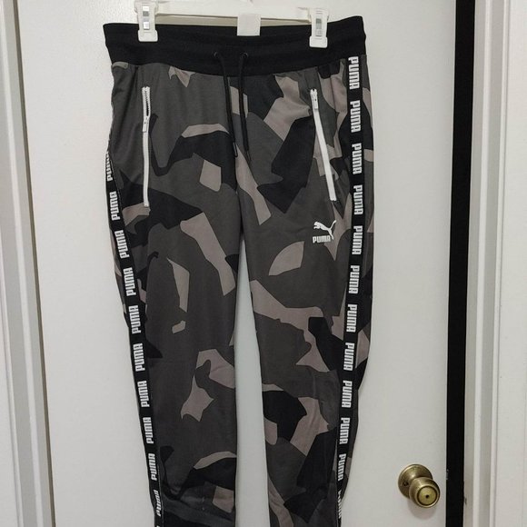 Puma Gray Camo print track pants stretch waist band zip pockets (M) - Picture 1 of 8